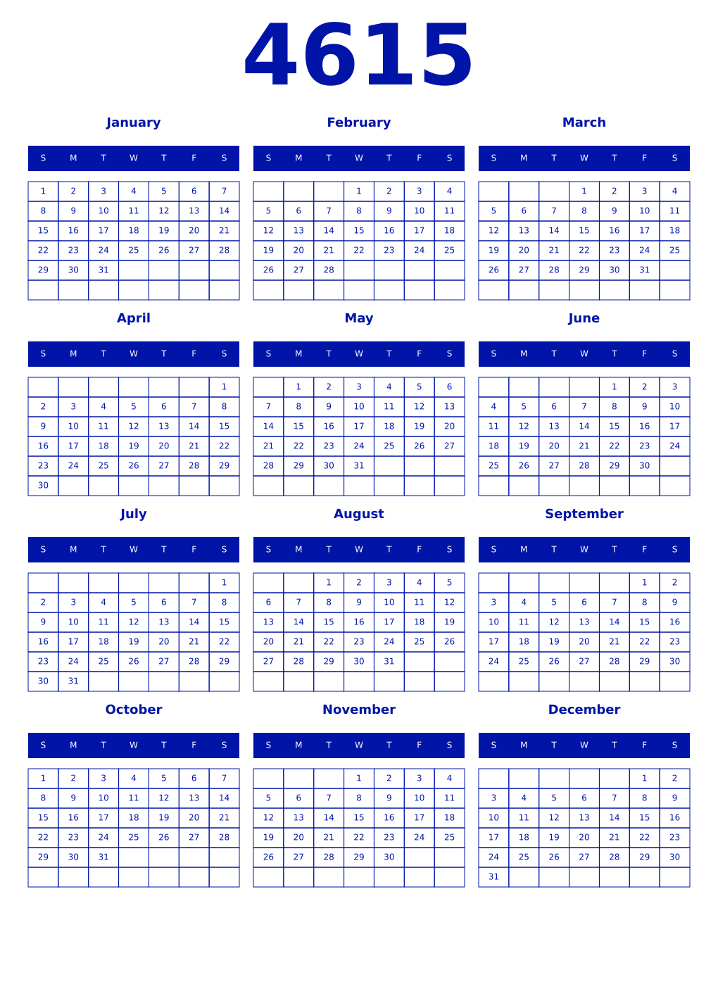Printable 4615 Year Calendars zaffre