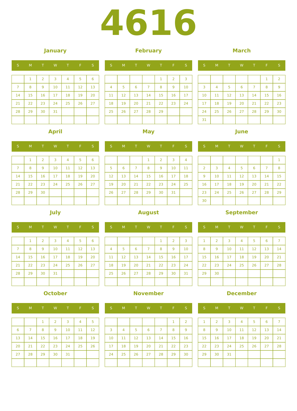 Printable 4616 Year Calendars chartreuse