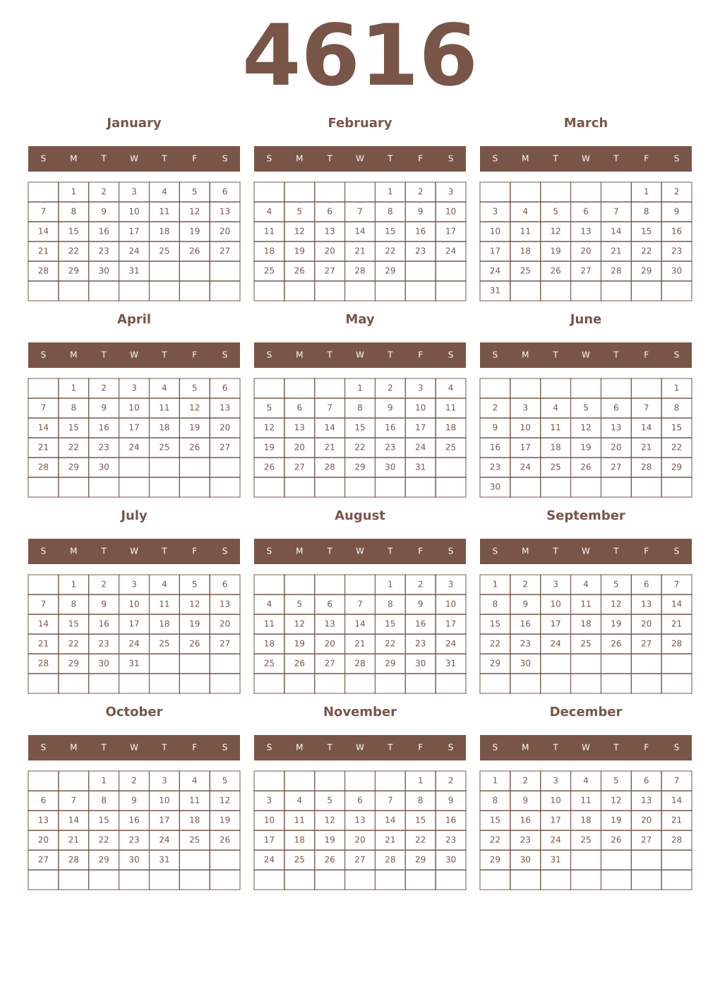 Printable 4616 Year Calendars coffe