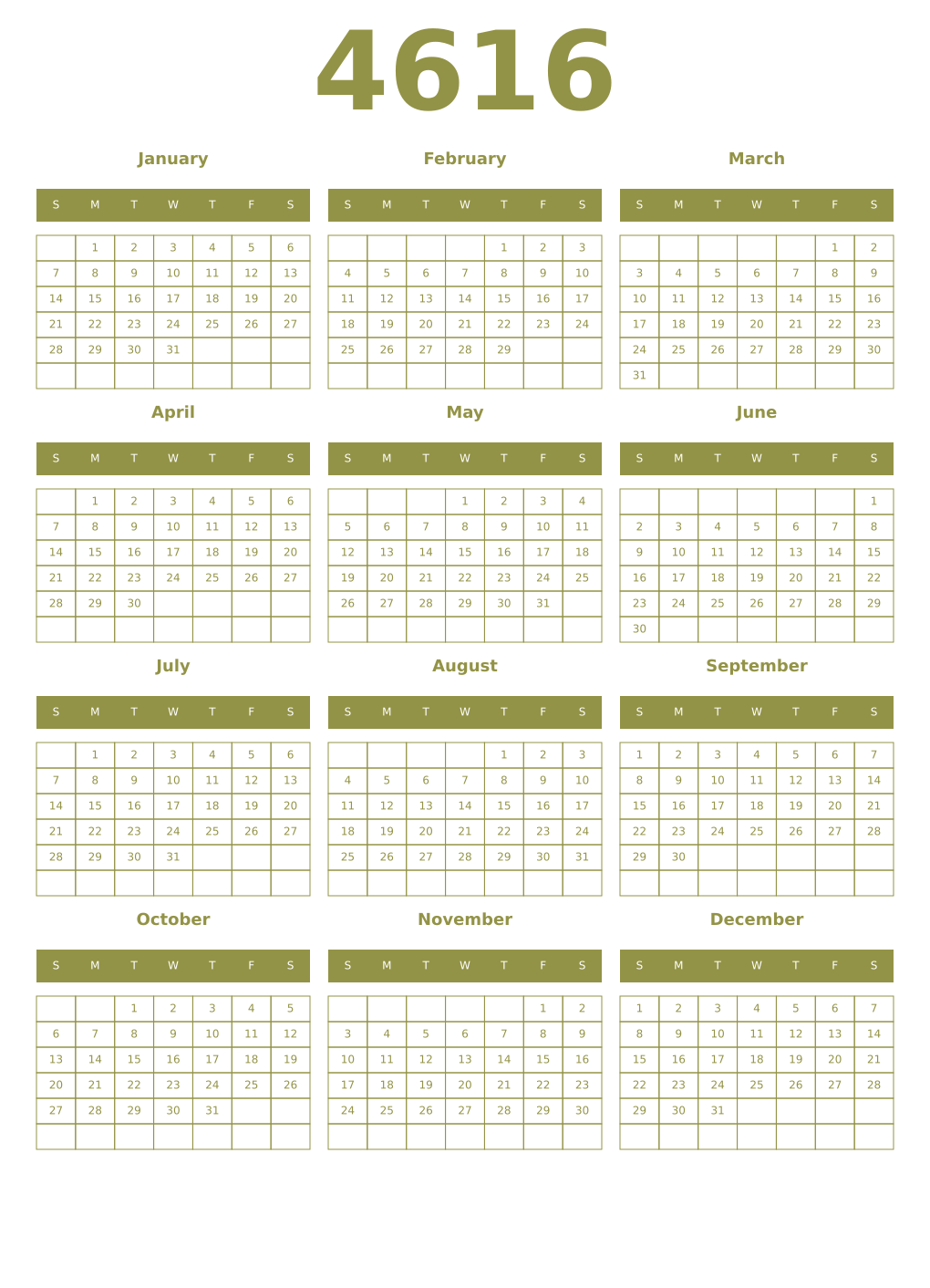 Printable 4616 Year Calendars eburnean
