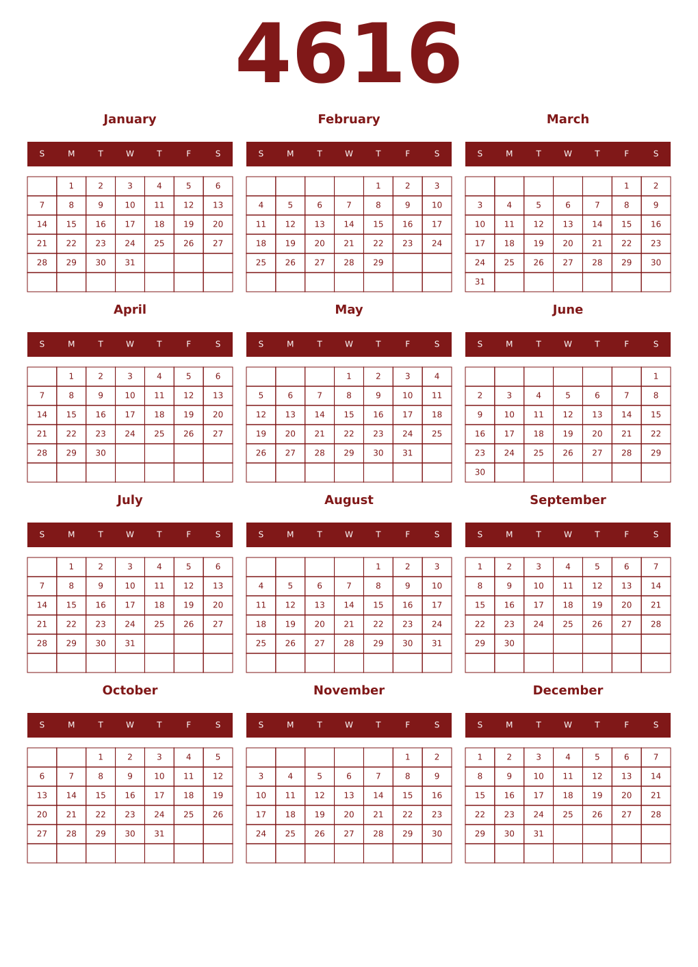 Printable 4616 Year Calendars falu