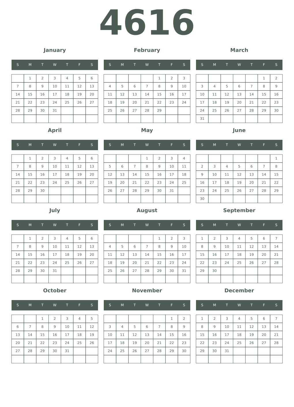 Printable 4616 Year Calendars feldgrau