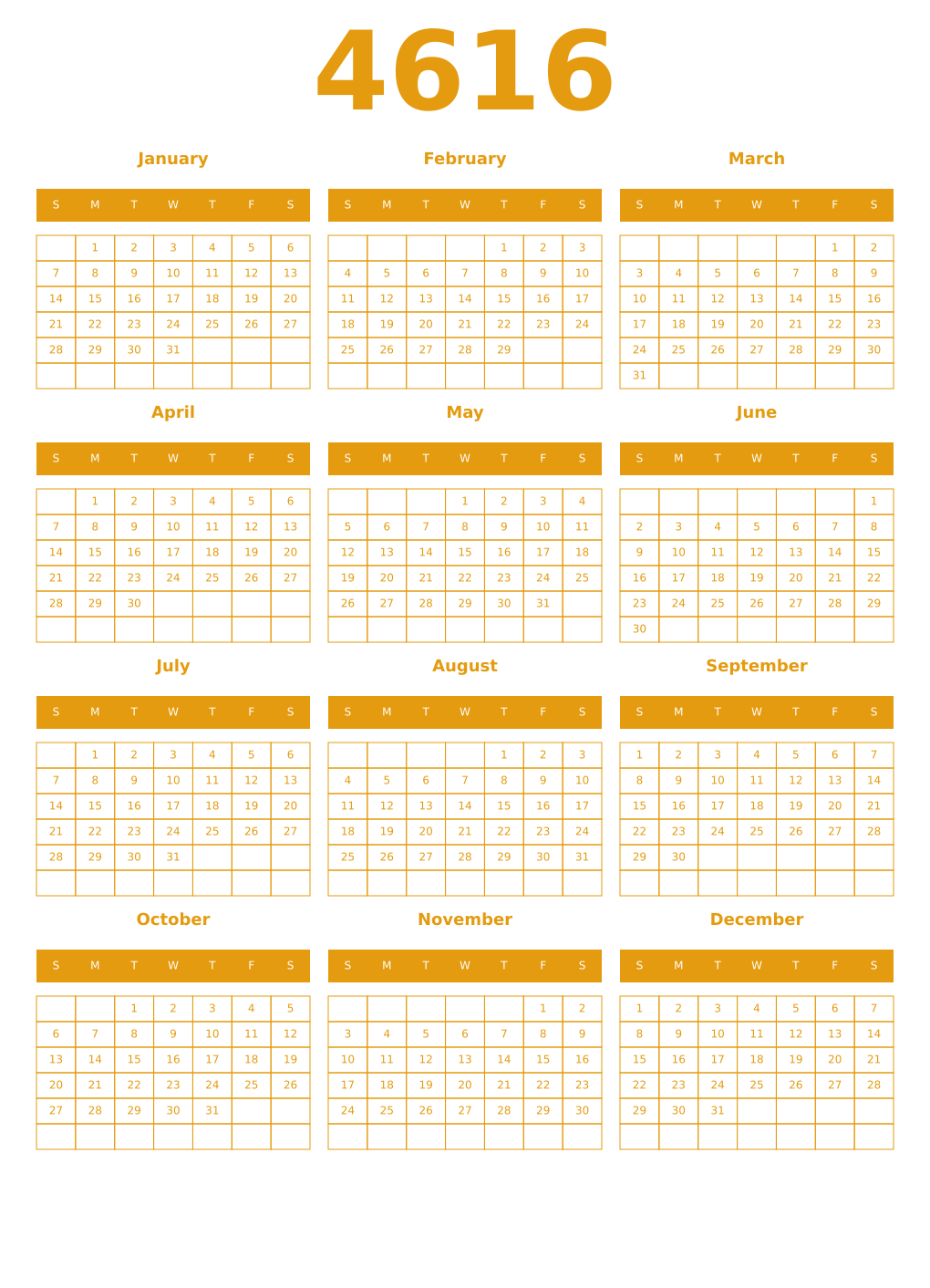 Printable 4616 Year Calendars gamboge