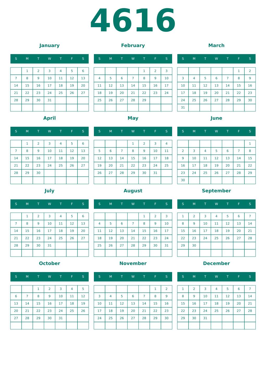Printable 4616 Year Calendars pastel