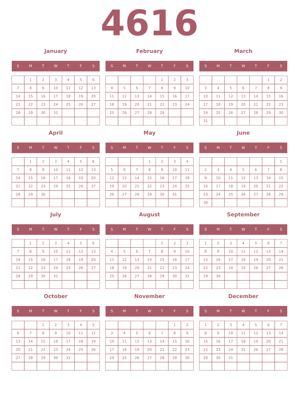 Printable 4616 Year Calendars puce