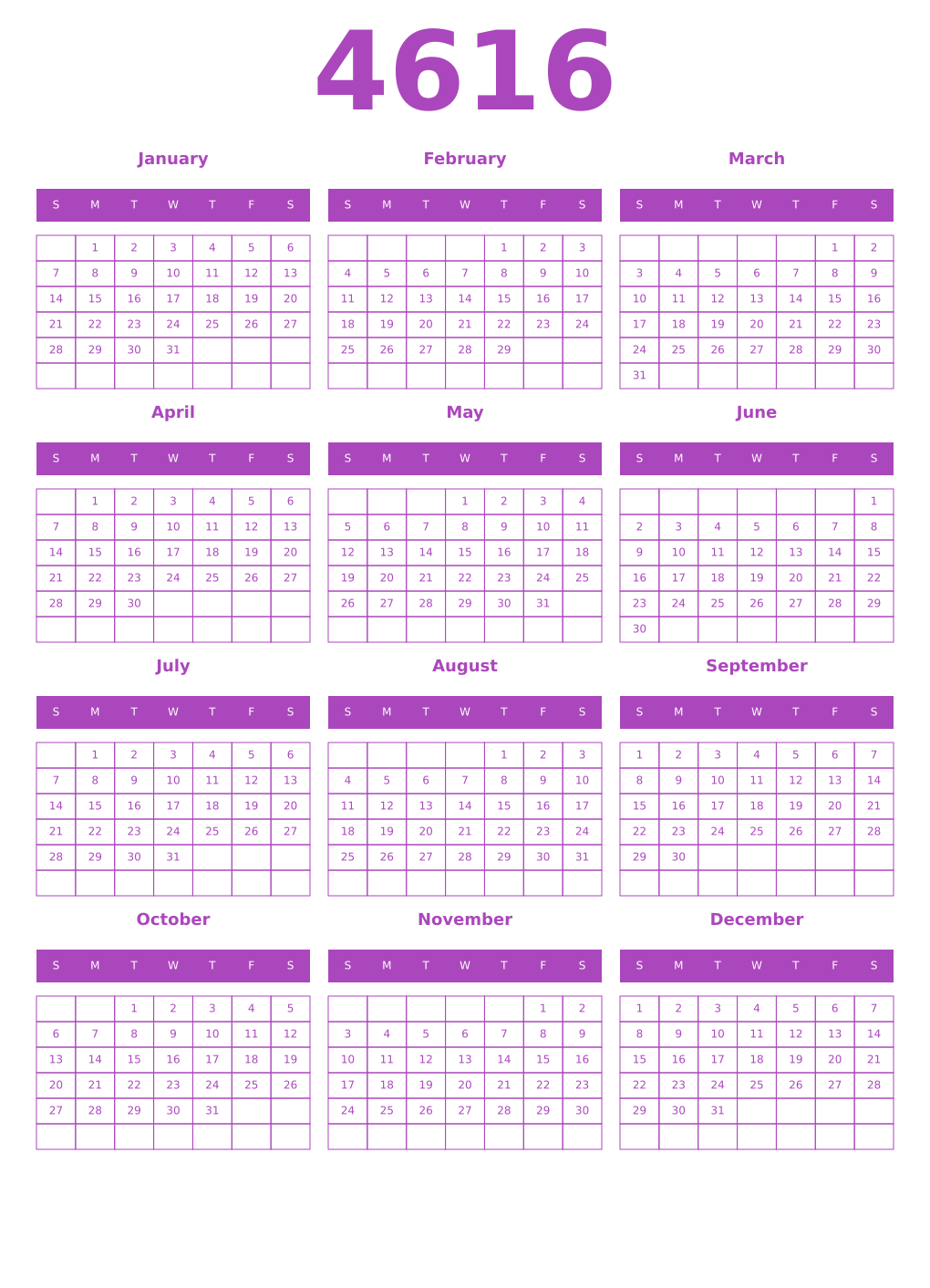 Printable 4616 Year Calendars purple