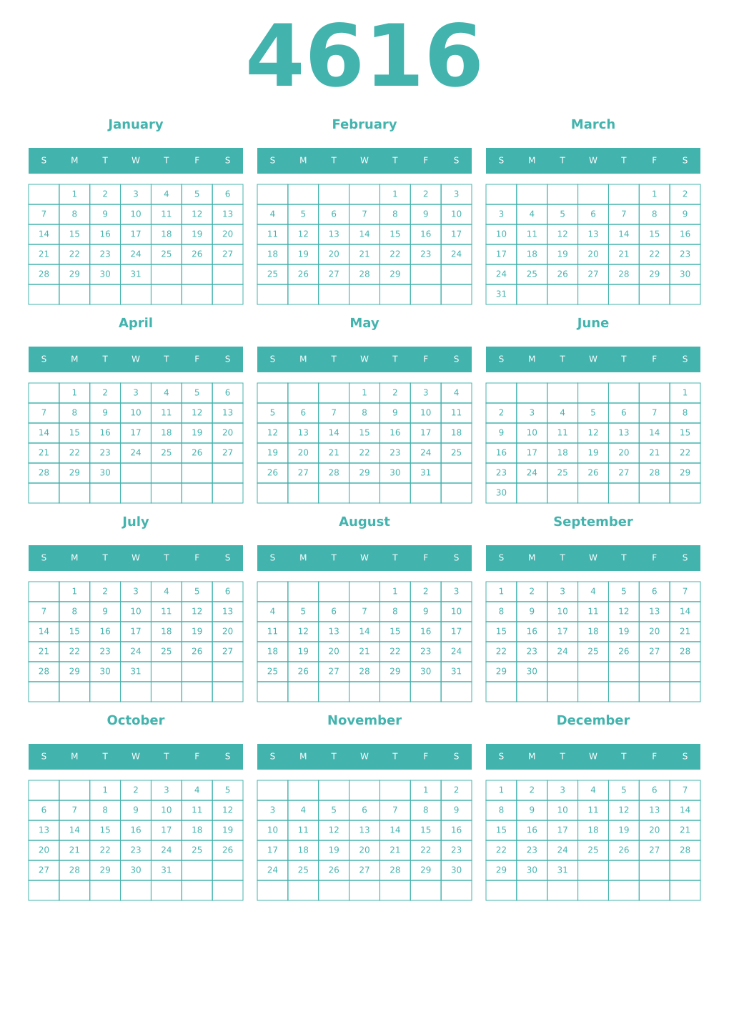 Printable 4616 Year Calendars verdigris
