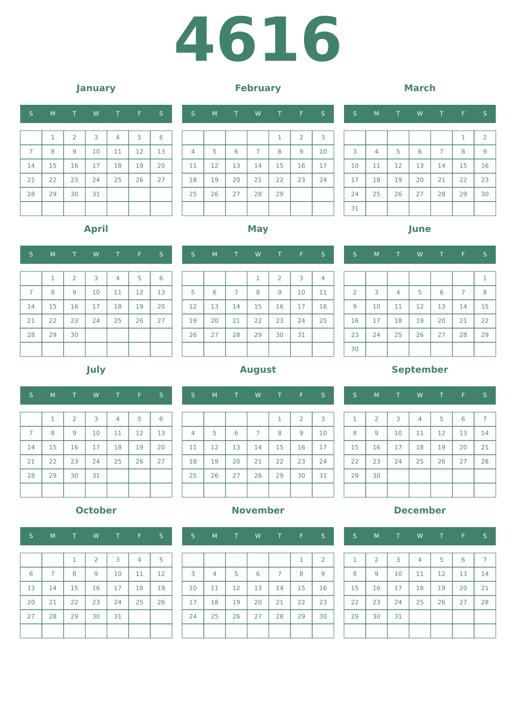 Printable 4616 Year Calendars viridian