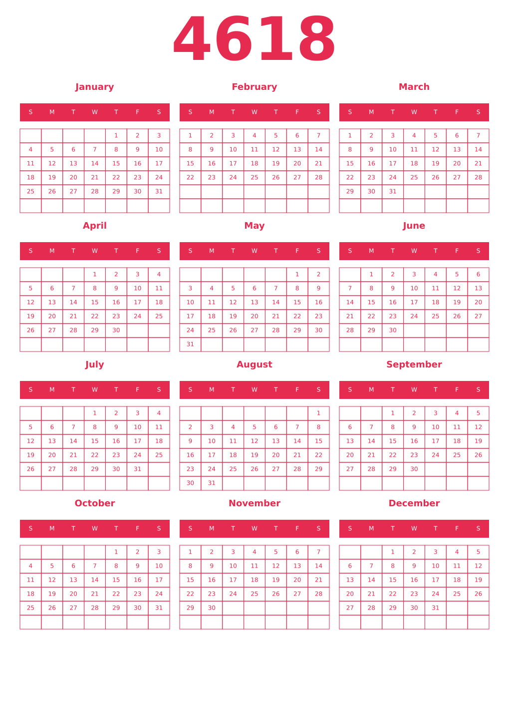 Printable 4618 Year Calendars amaranth
