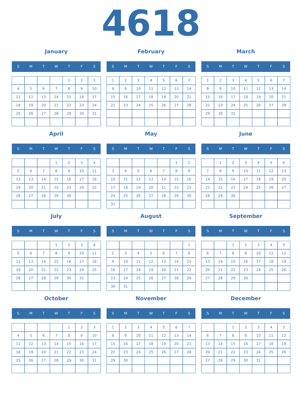 Printable 4618 Year Calendars blue