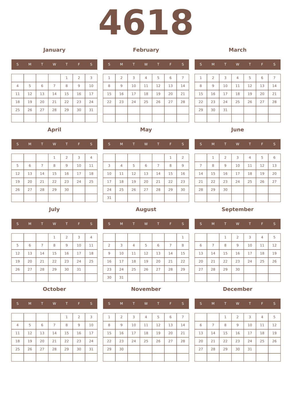 Printable 4618 Year Calendars coffe