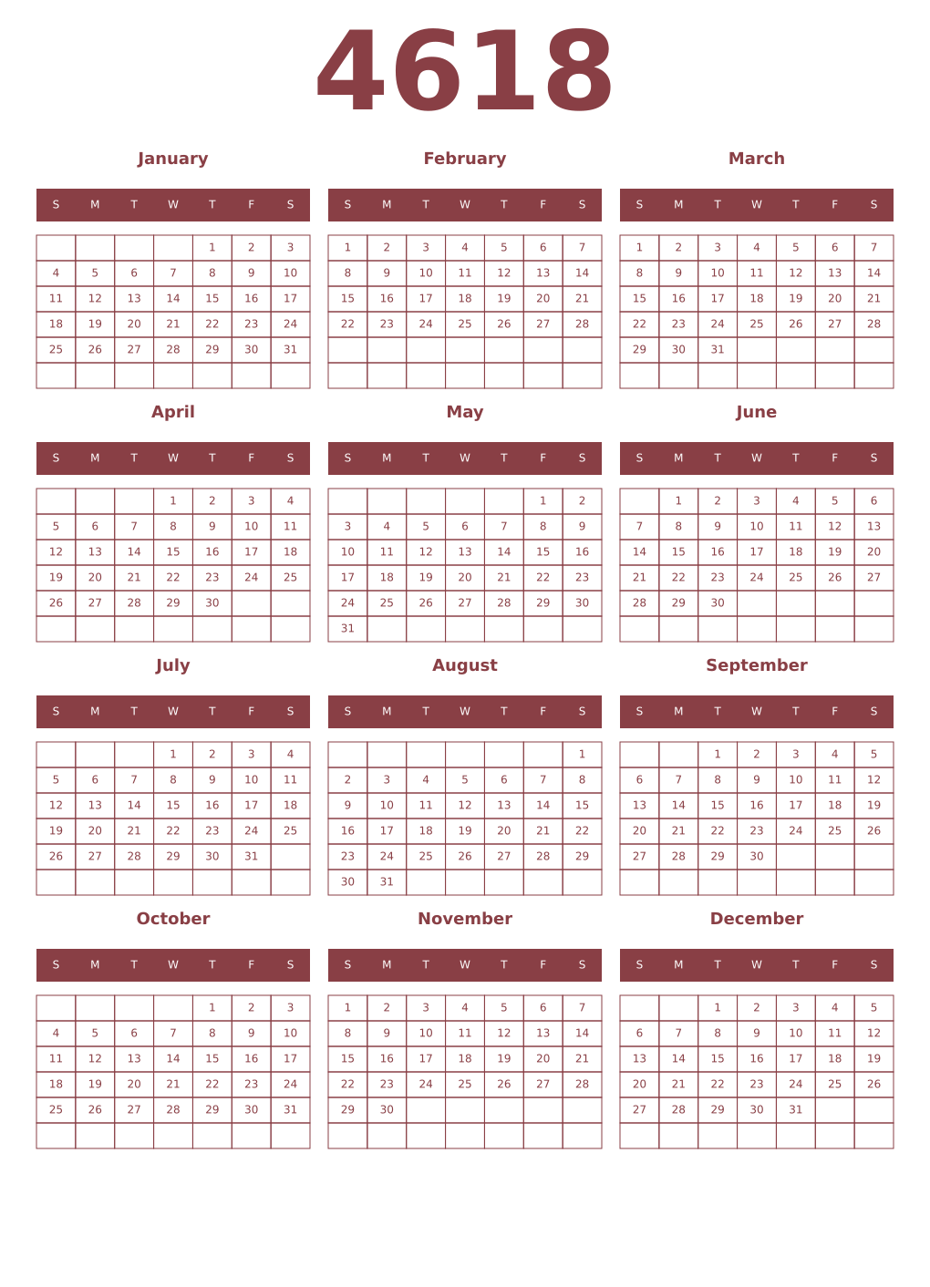 Printable 4618 Year Calendars cordovan