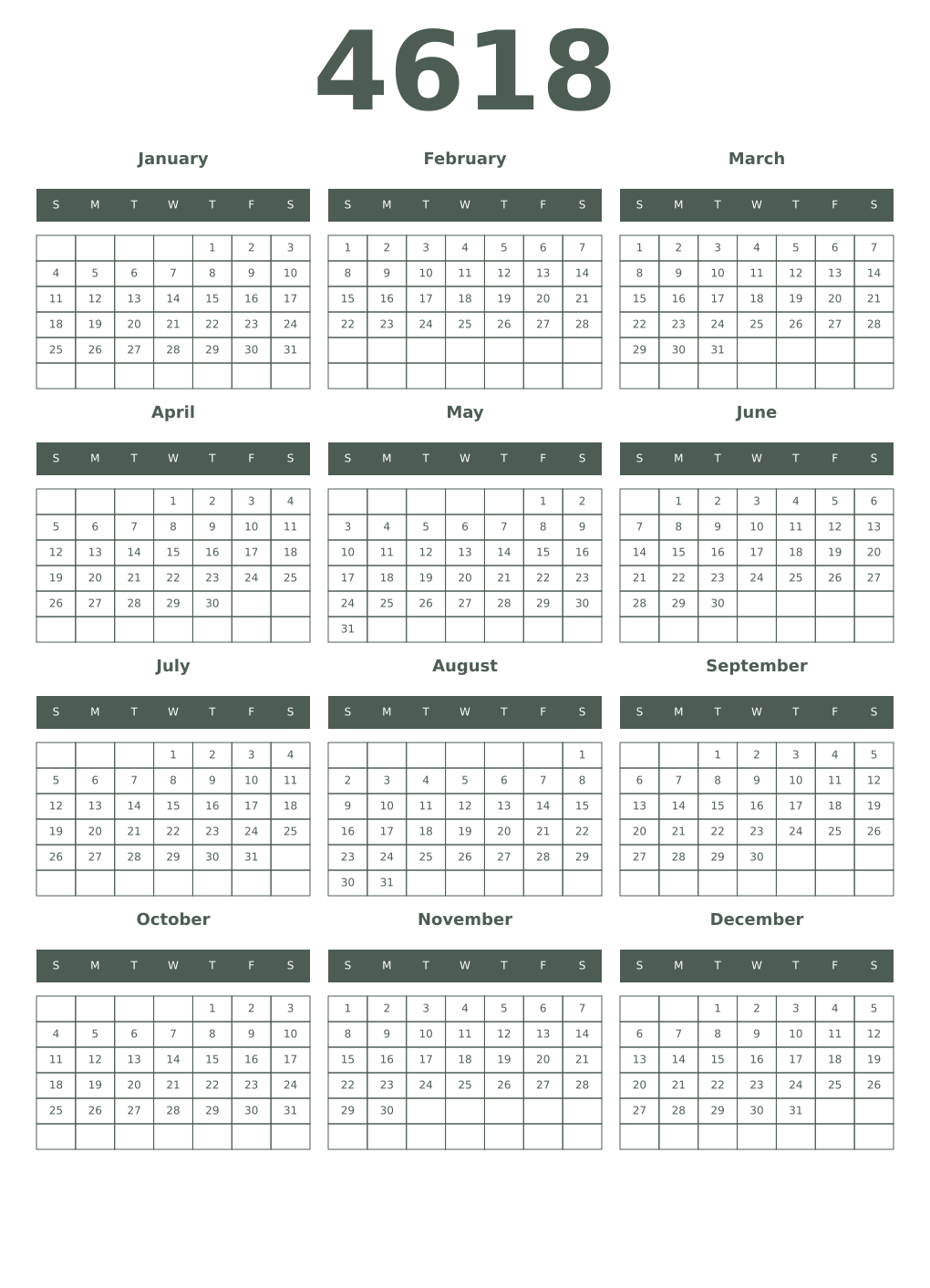 Printable 4618 Year Calendars feldgrau