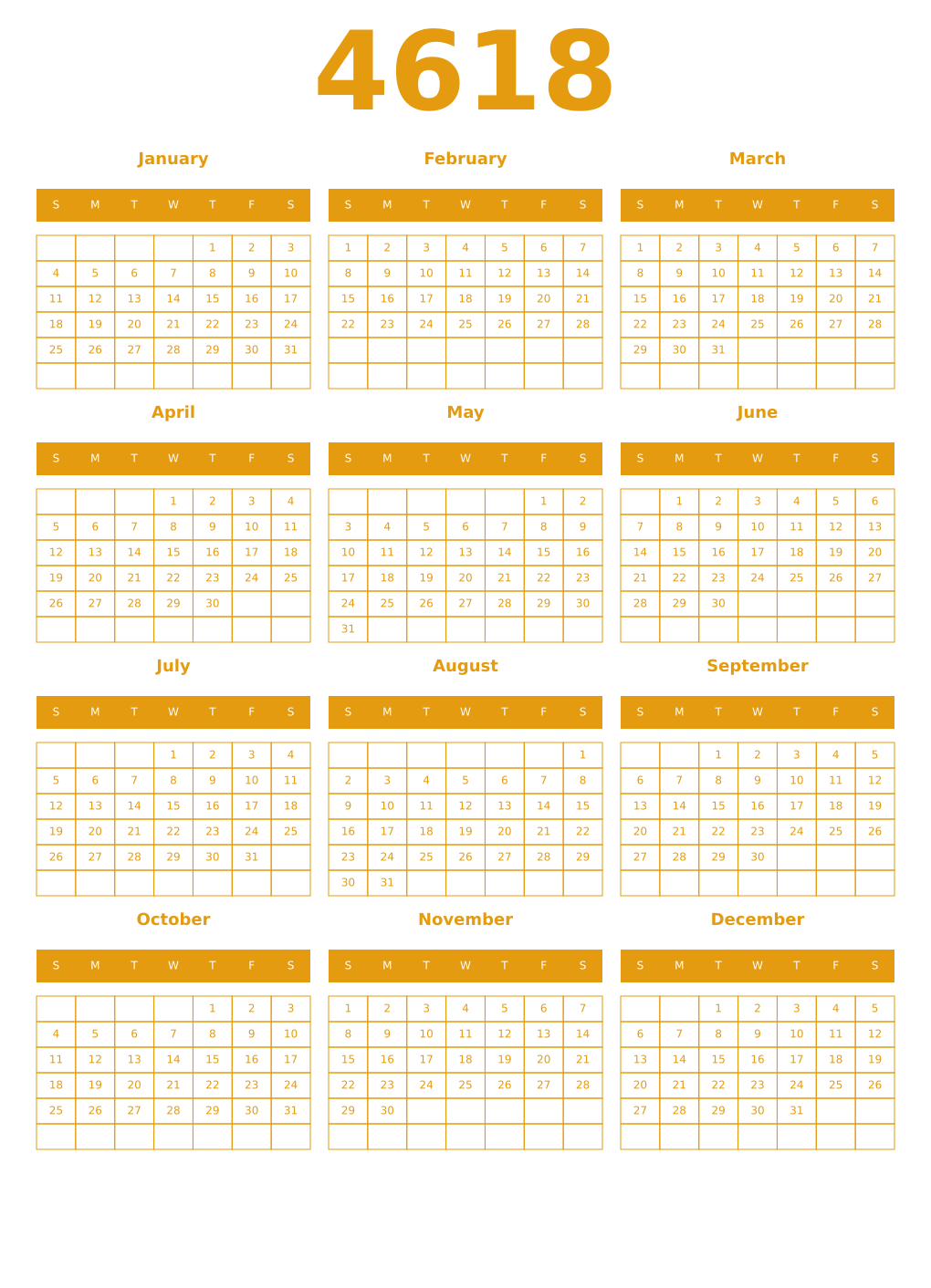Printable 4618 Year Calendars gamboge