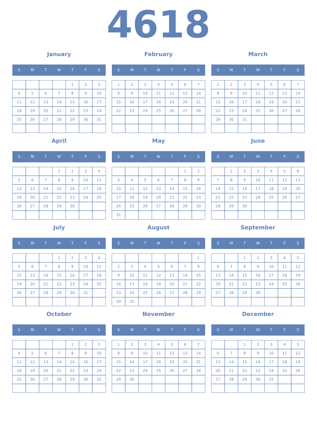 Printable 4618 Year Calendars glaucous