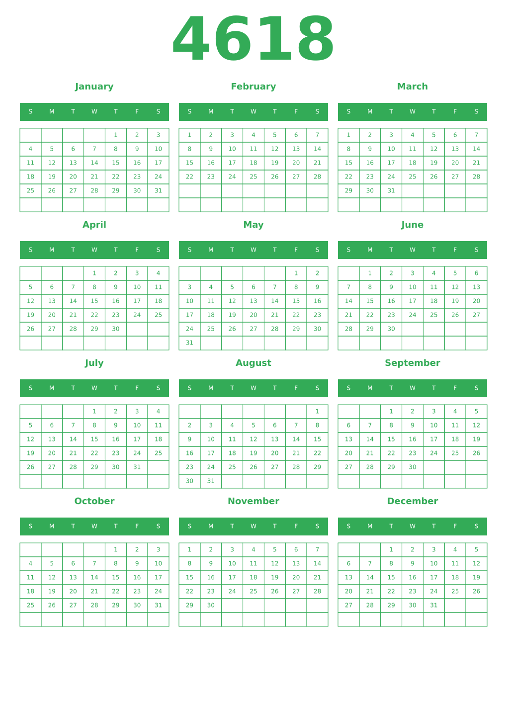 Printable 4618 Year Calendars green