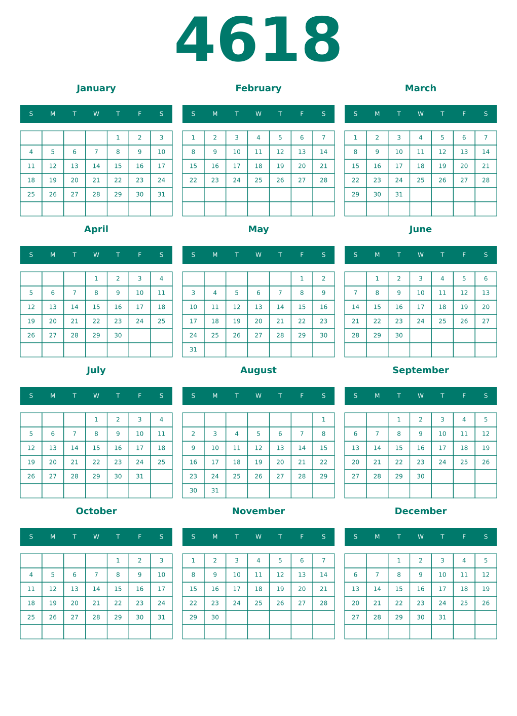 Printable 4618 Year Calendars pastel