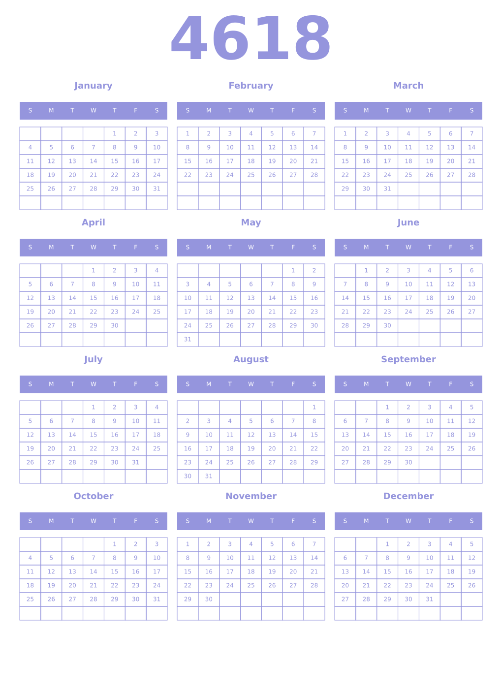 Printable 4618 Year Calendars periwinkle