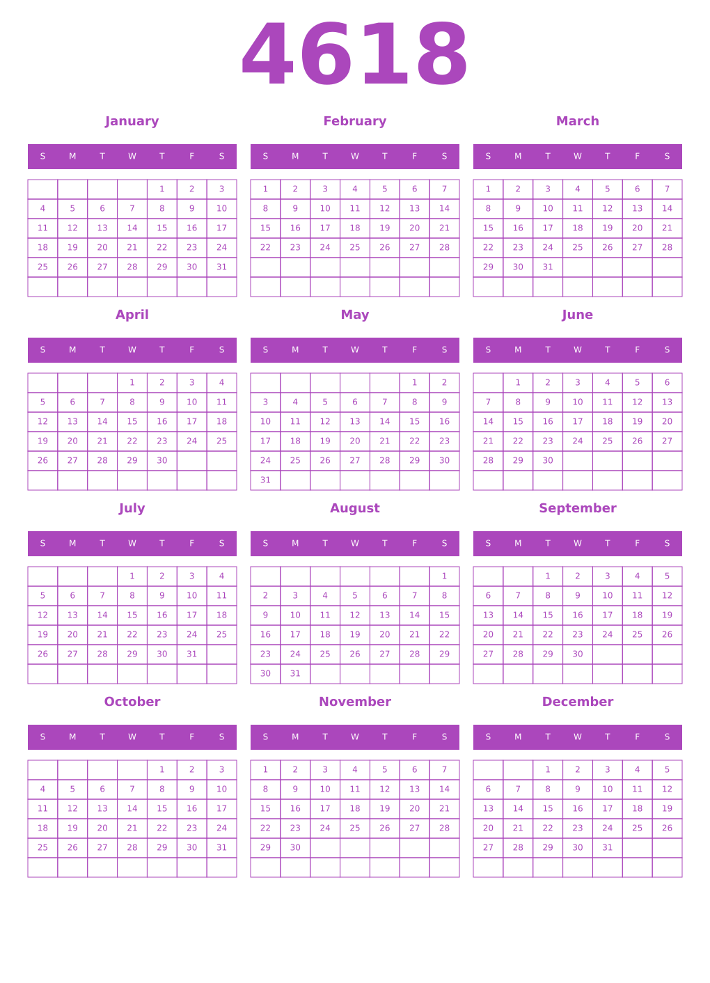 Printable 4618 Year Calendars purple