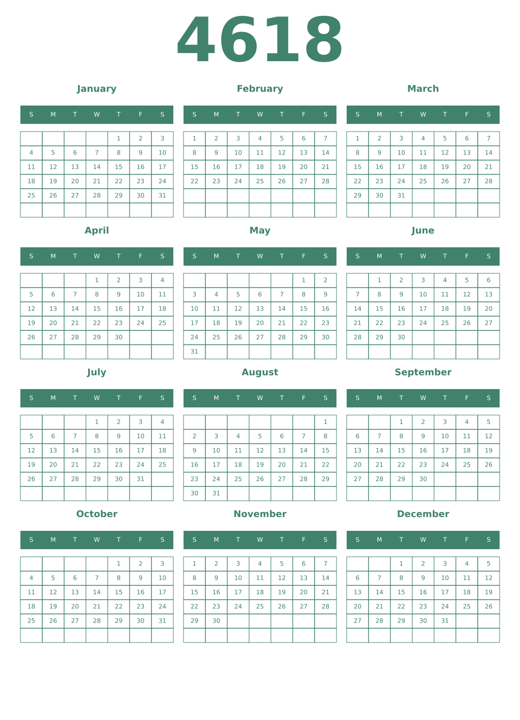 Printable 4618 Year Calendars viridian