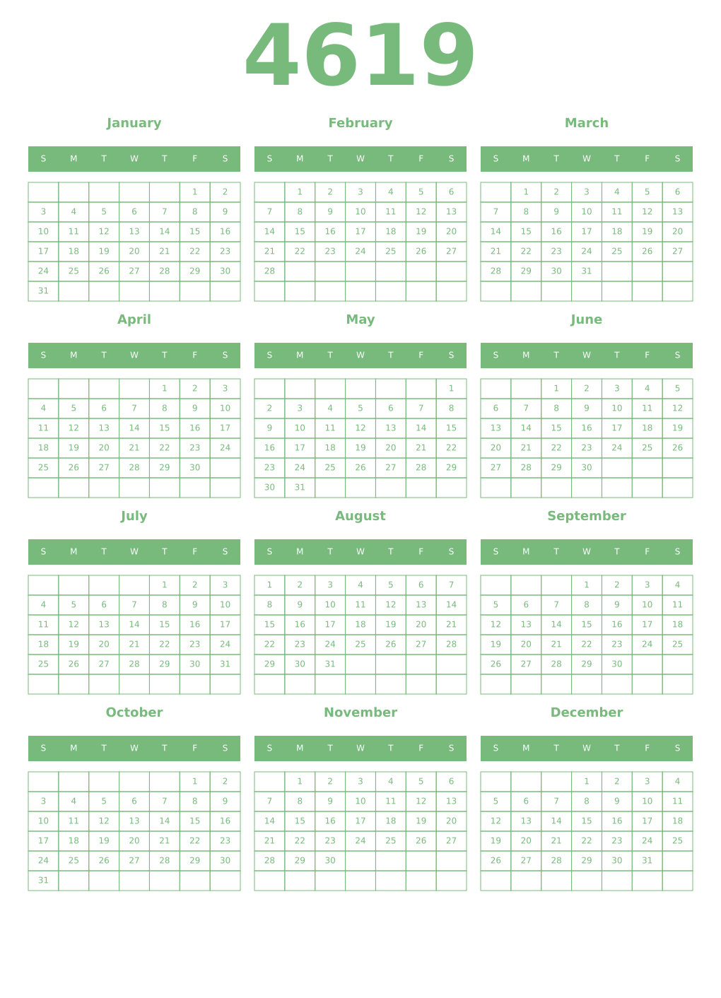 Printable 4619 Year Calendars celadon
