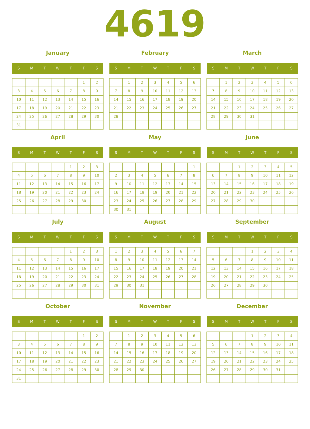 Printable 4619 Year Calendars chartreuse