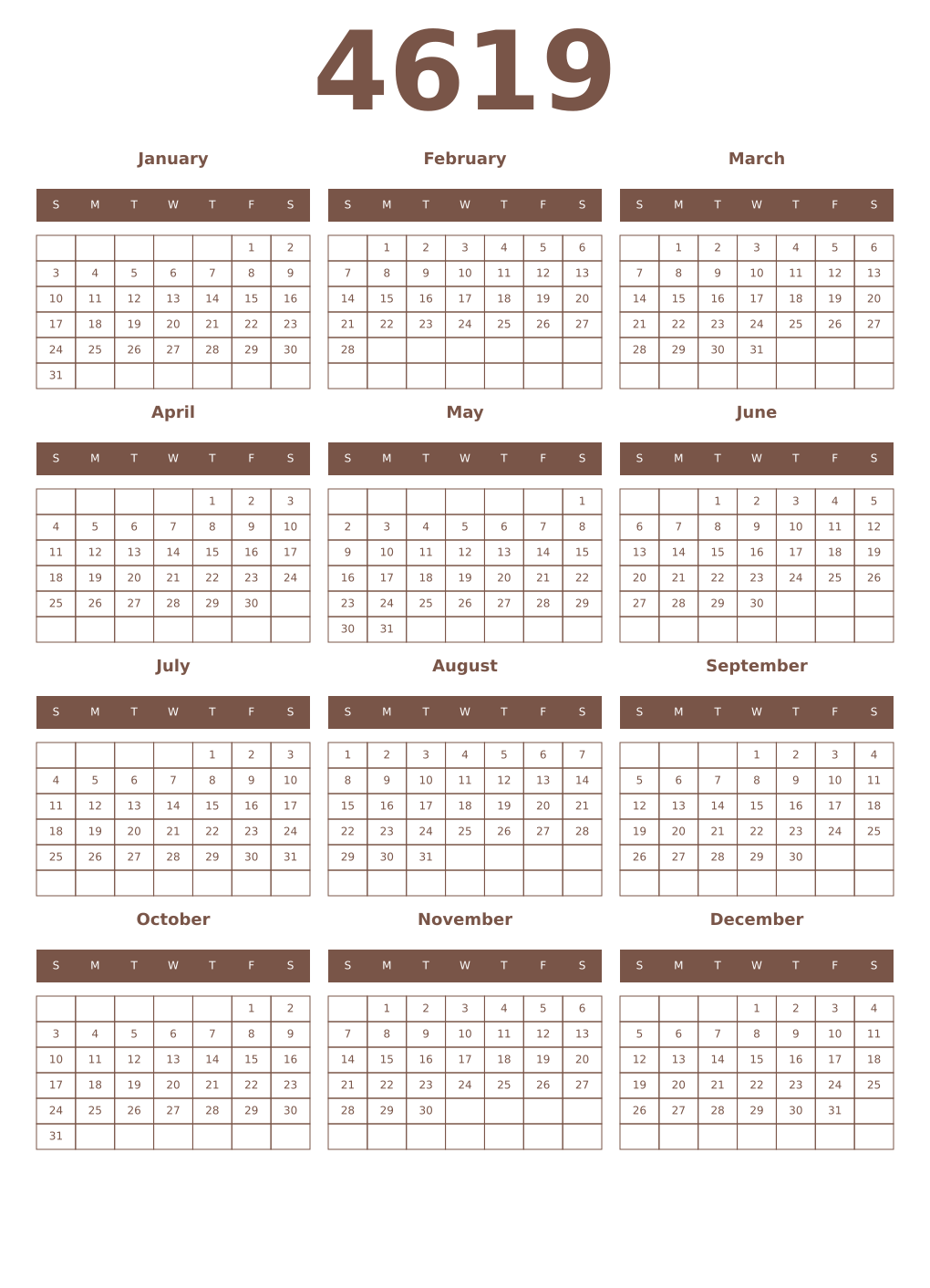 Printable 4619 Year Calendars coffe