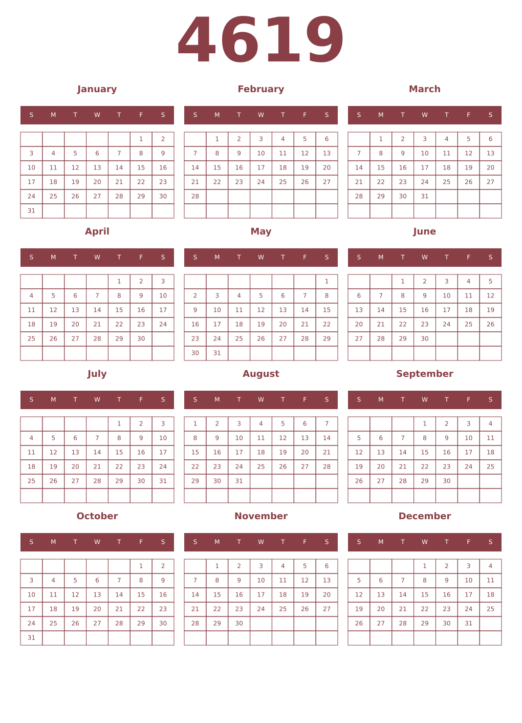 Printable 4619 Year Calendars cordovan
