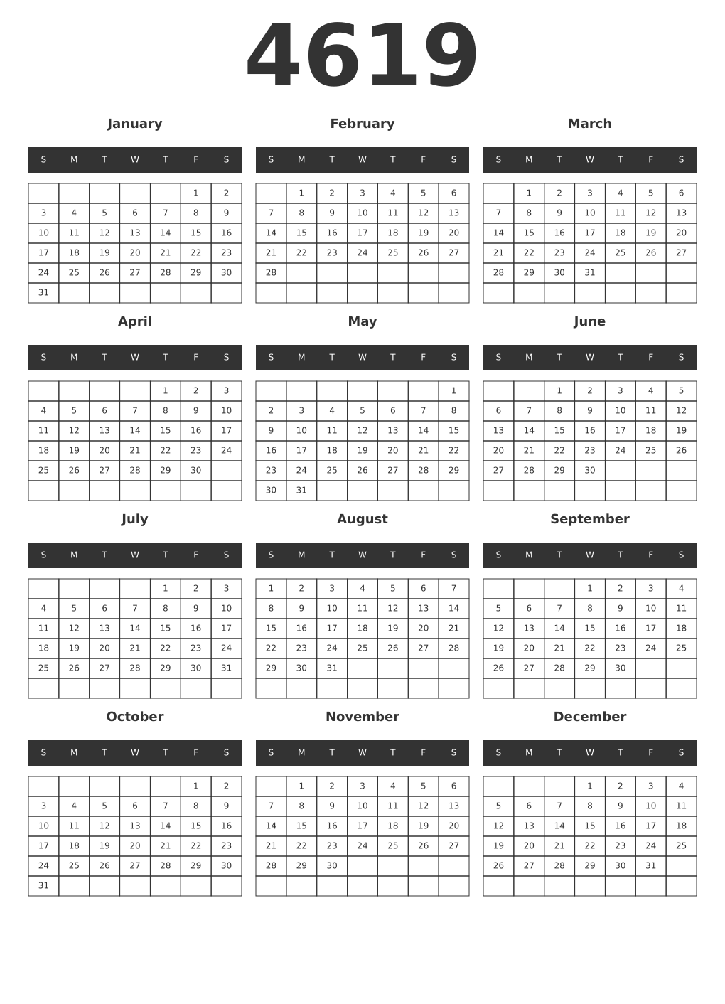 Printable 4619 Year Calendars dark