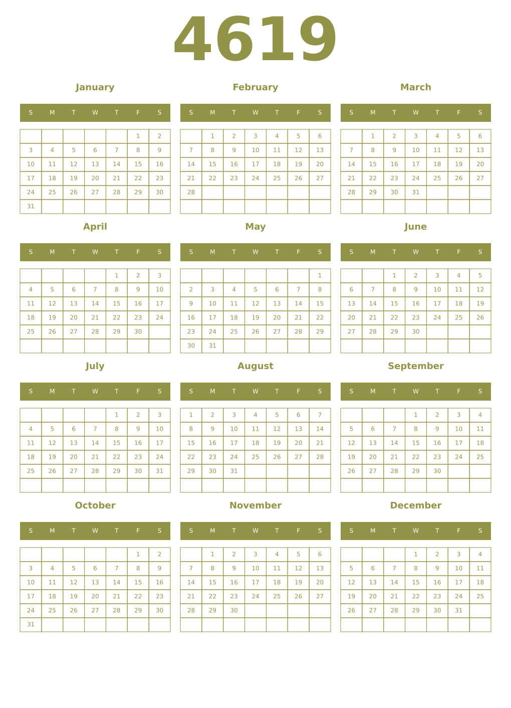 Printable 4619 Year Calendars eburnean