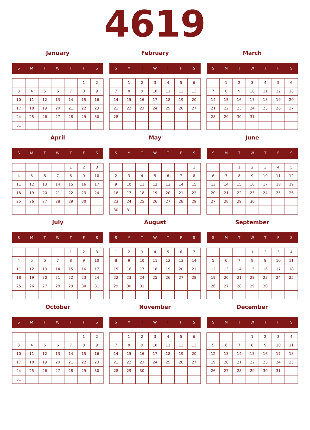 Printable 4619 Year Calendars falu