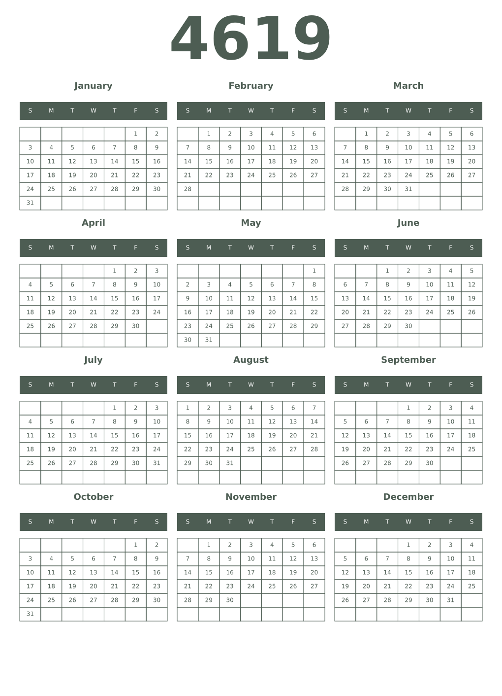 Printable 4619 Year Calendars feldgrau