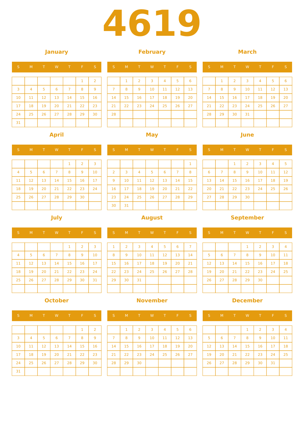 Printable 4619 Year Calendars gamboge