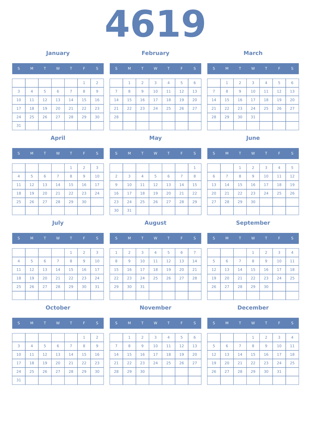 Printable 4619 Year Calendars glaucous
