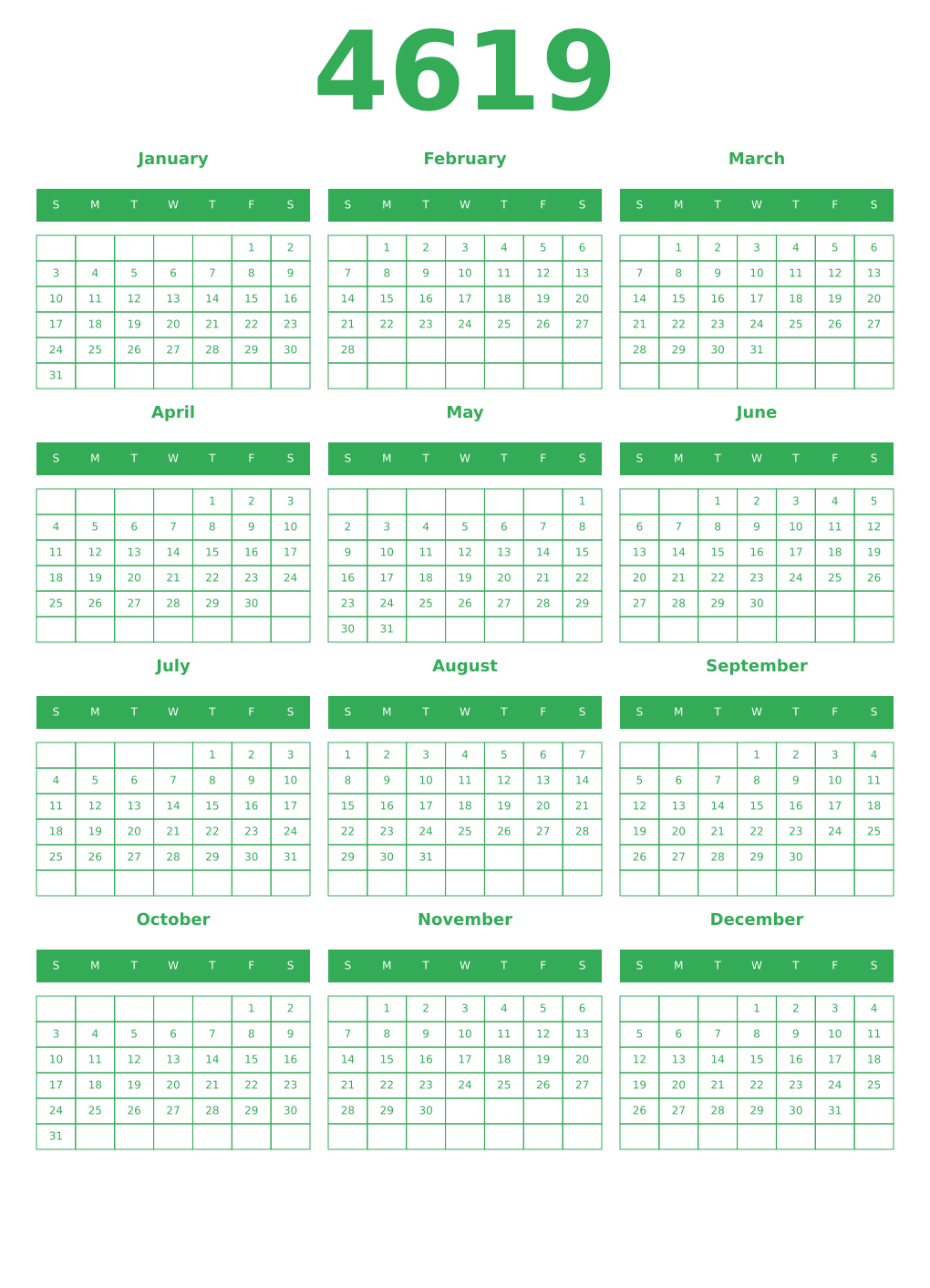 Printable 4619 Year Calendars green
