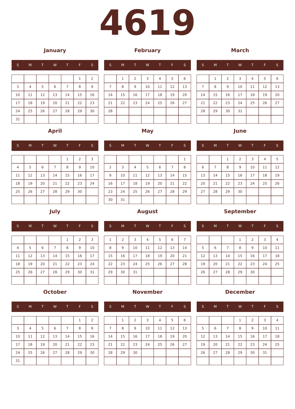 Printable 4619 Year Calendars mortuum