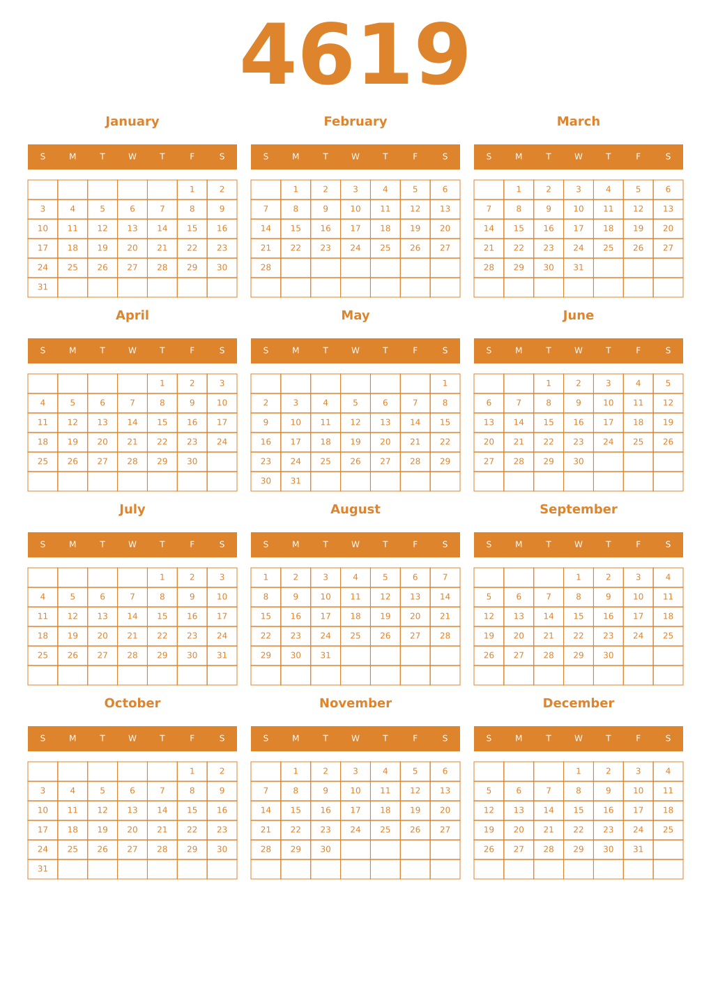 Printable 4619 Year Calendars orange