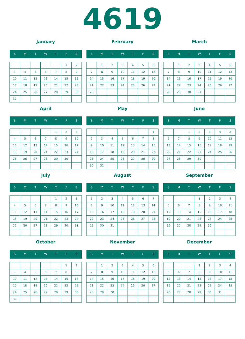 Printable 4619 Year Calendars pastel
