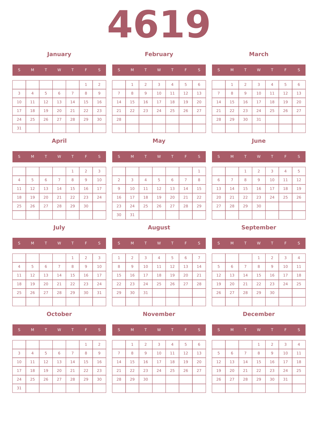 Printable 4619 Year Calendars puce
