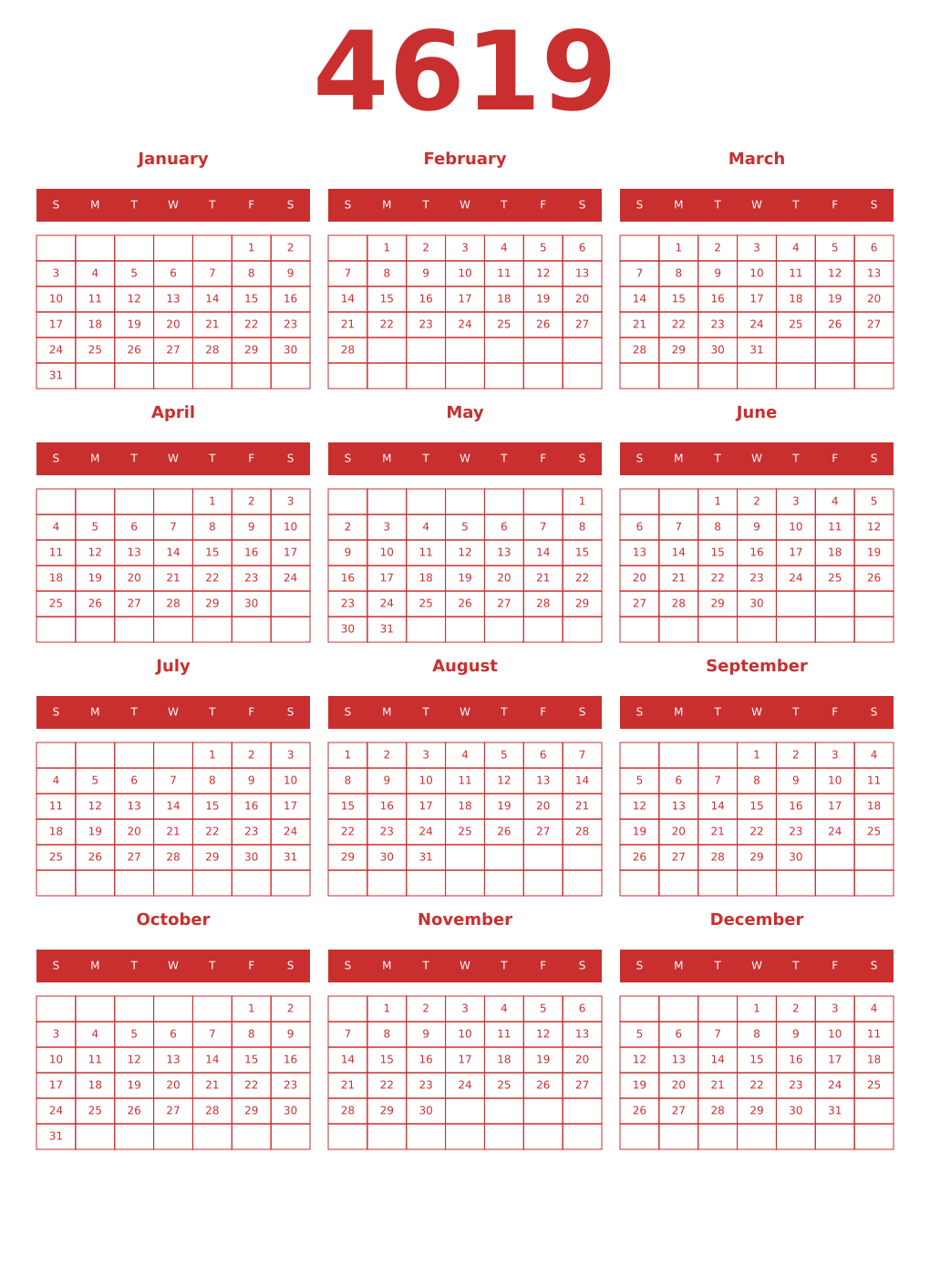 Printable 4619 Year Calendars red