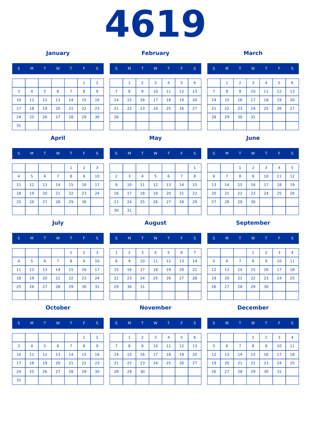Printable 4619 Year Calendars smalt