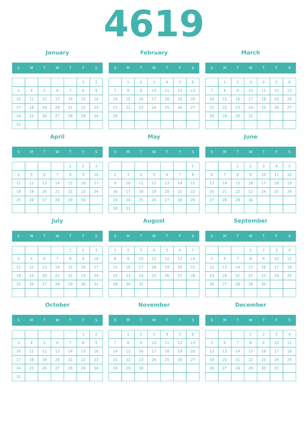 Printable 4619 Year Calendars verdigris