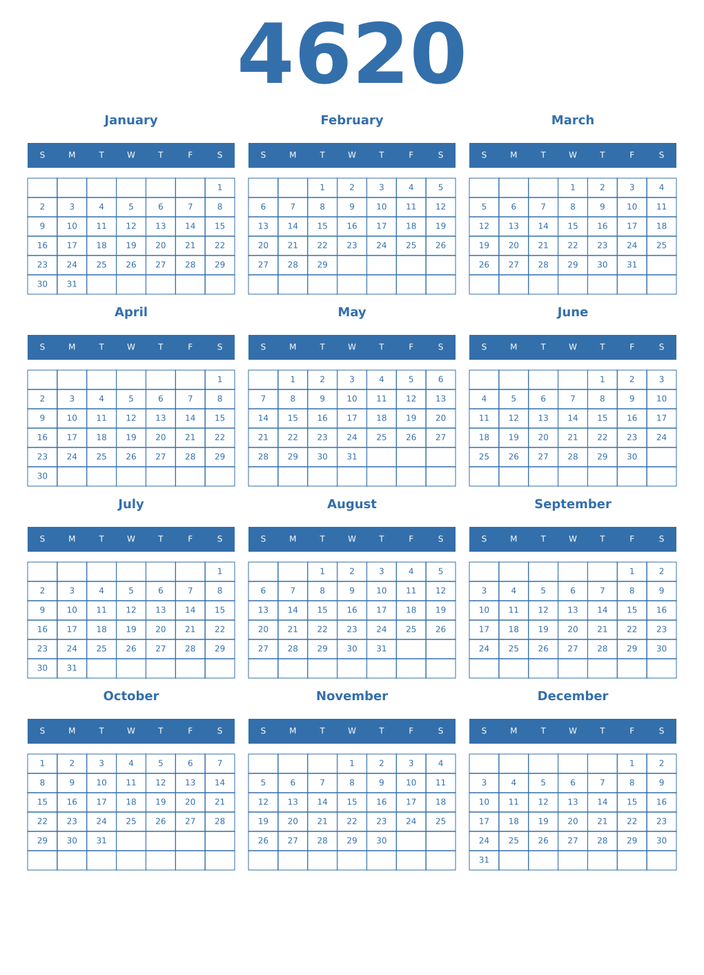 Printable 4620 Year Calendars blue