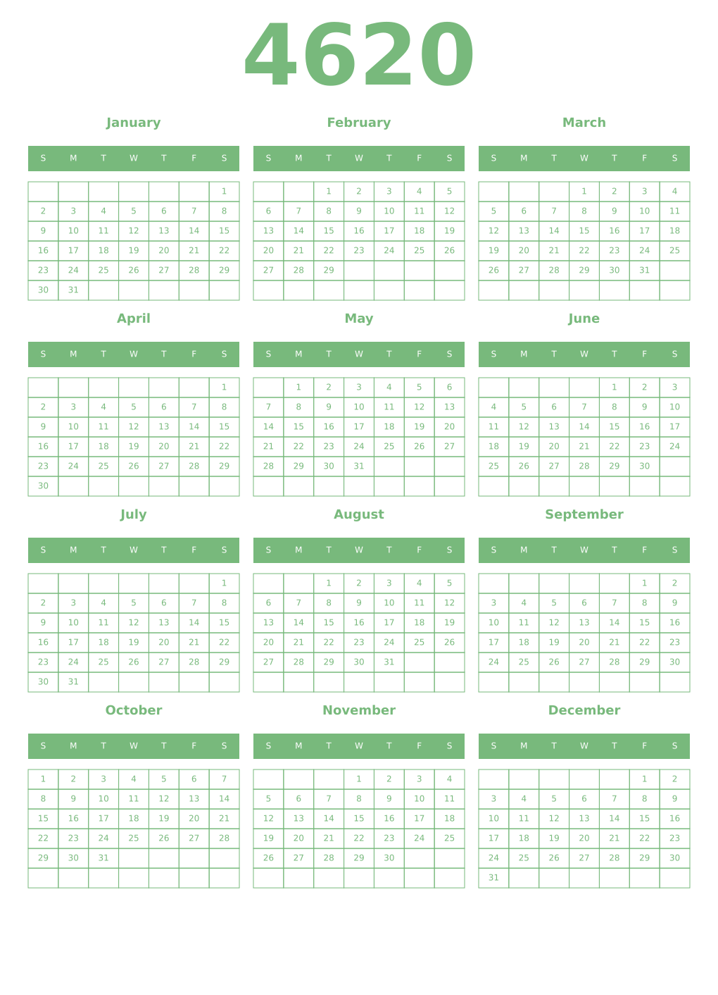 Printable 4620 Year Calendars celadon