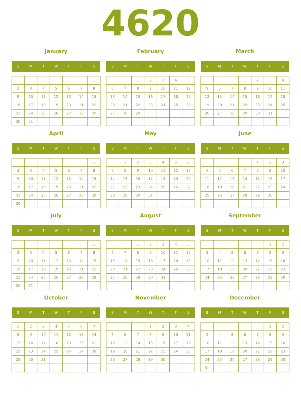 Printable 4620 Year Calendars chartreuse