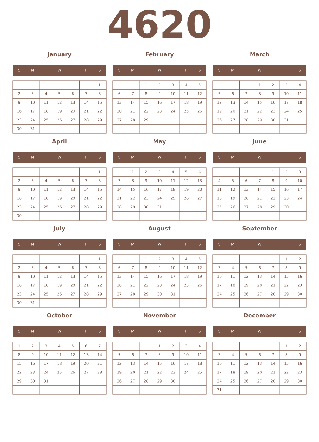 Printable 4620 Year Calendars coffe