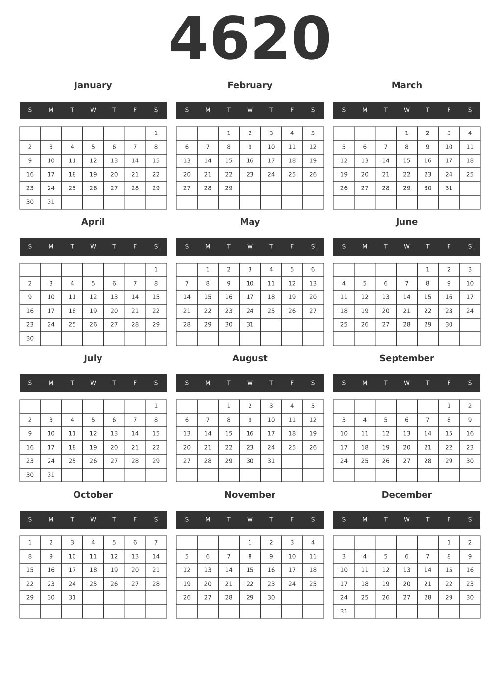 Printable 4620 Year Calendars dark
