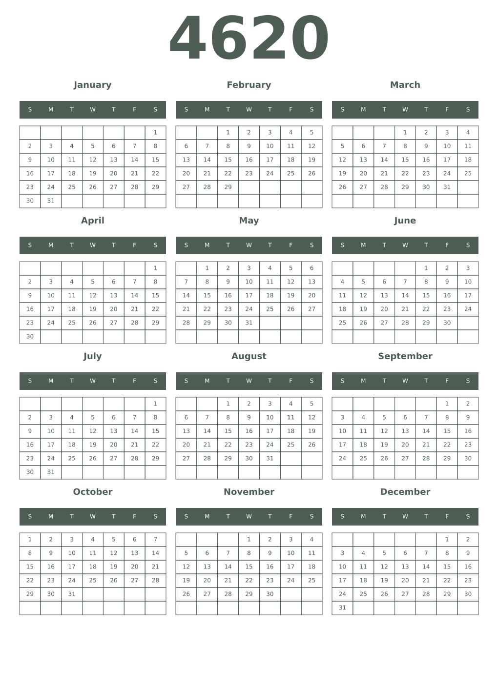 Printable 4620 Year Calendars feldgrau