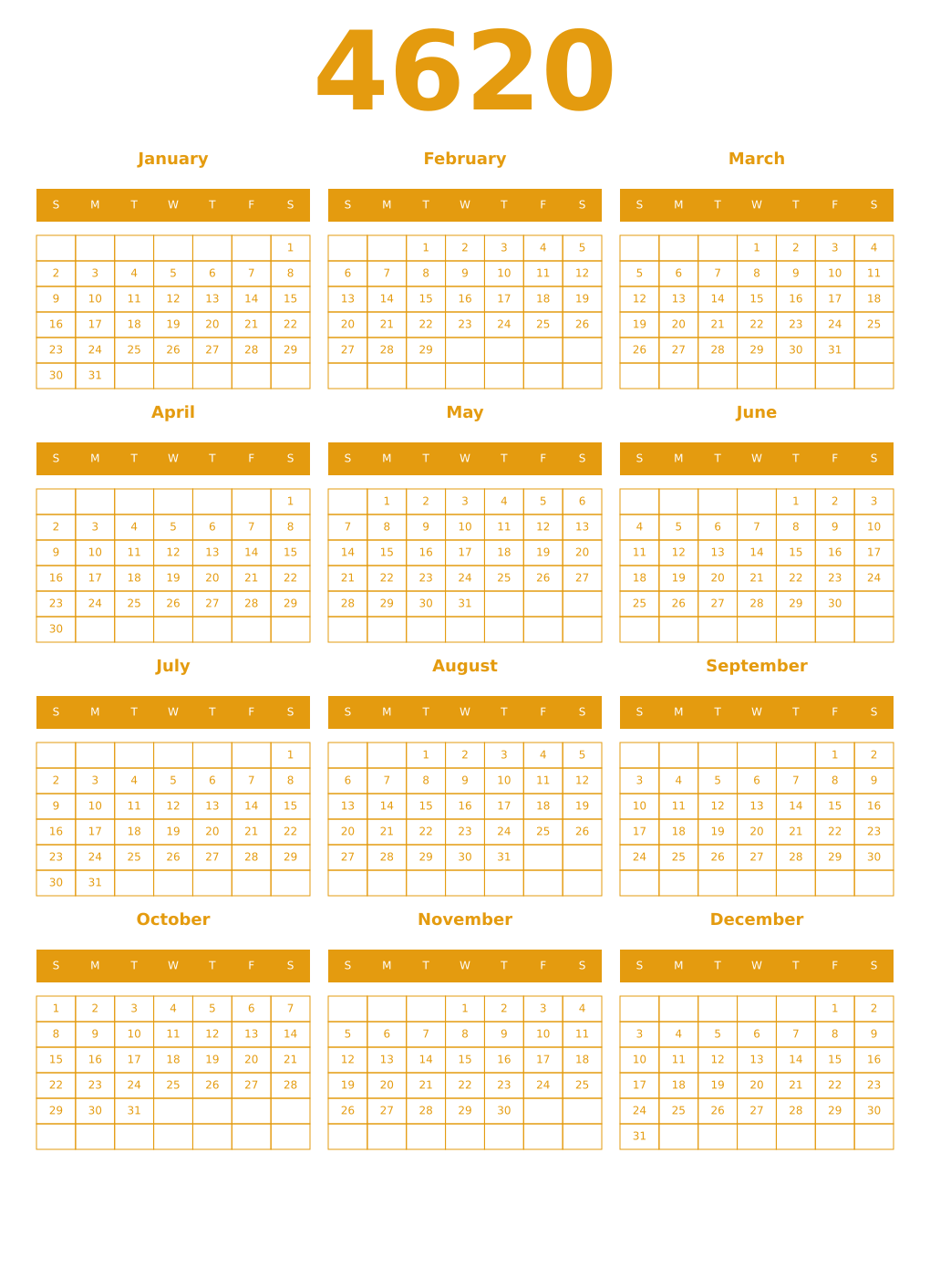 Printable 4620 Year Calendars gamboge