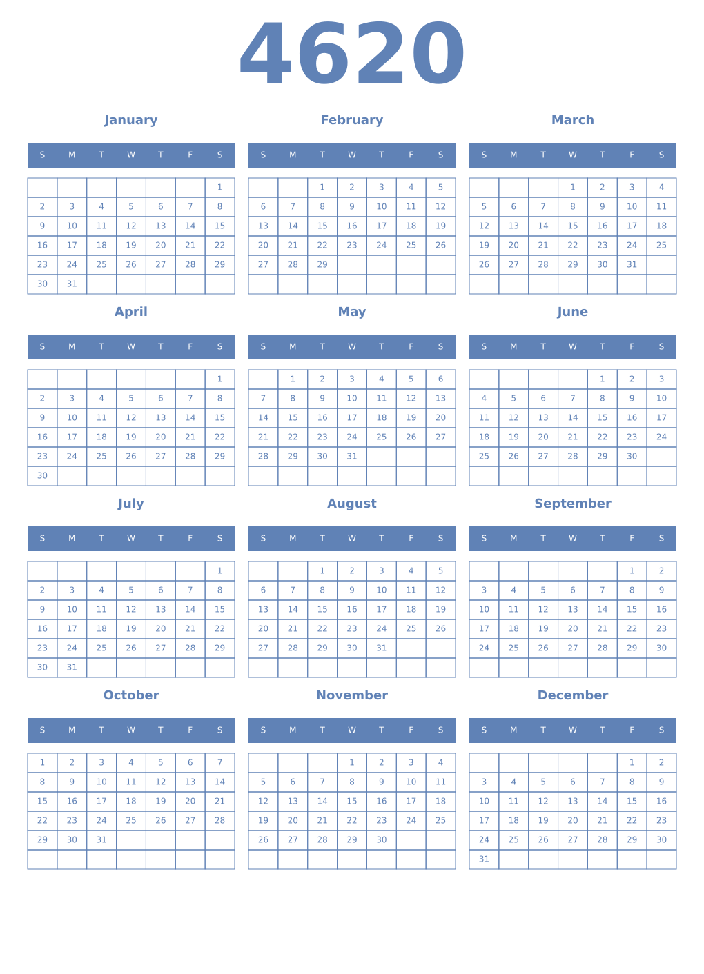 Printable 4620 Year Calendars glaucous